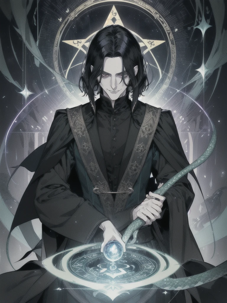 1 man, magic user, pale skin, shoulder length black hair, middle part hair, well dressed,male wizard, very handsome, hook nose, arrogant, smirking at viewer, interesting background, green magic flowing, blue magic circle, snakes, evil villian, dark fantasy, severus snape