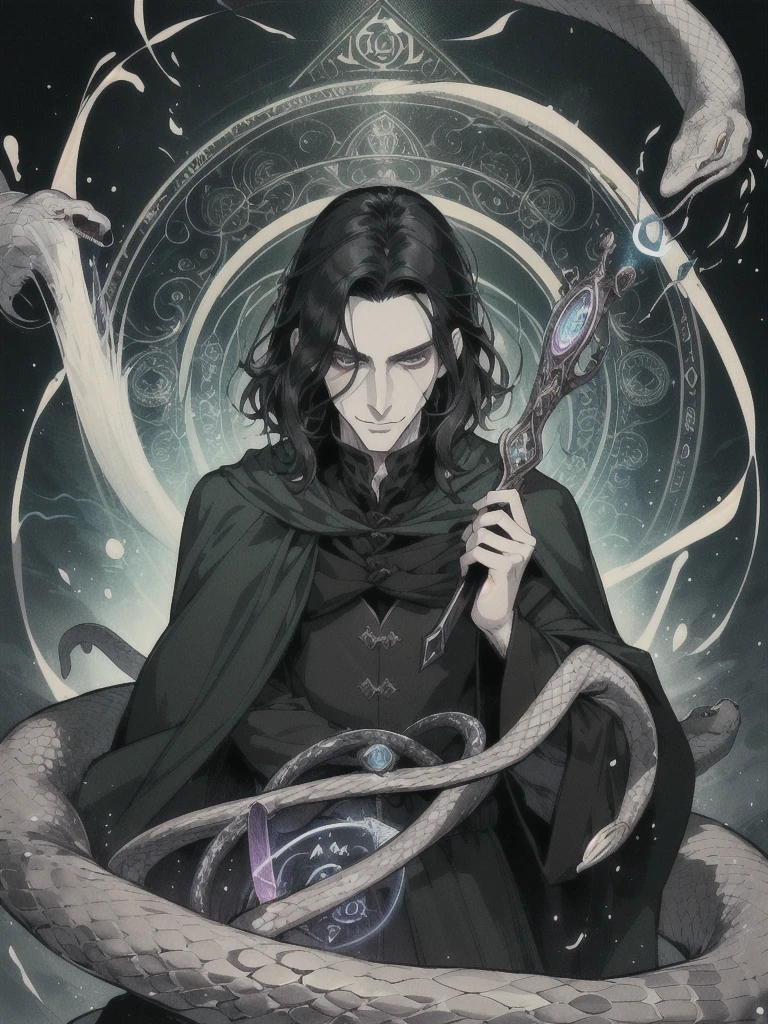 1 man, magic user, pale skin, shoulder length black hair, middle part hair, well dressed,male wizard, very handsome, hook nose, arrogant, smirking at viewer, interesting background, green magic flowing, blue magic circle, snakes, evil villian, dark fantasy, severus snape
