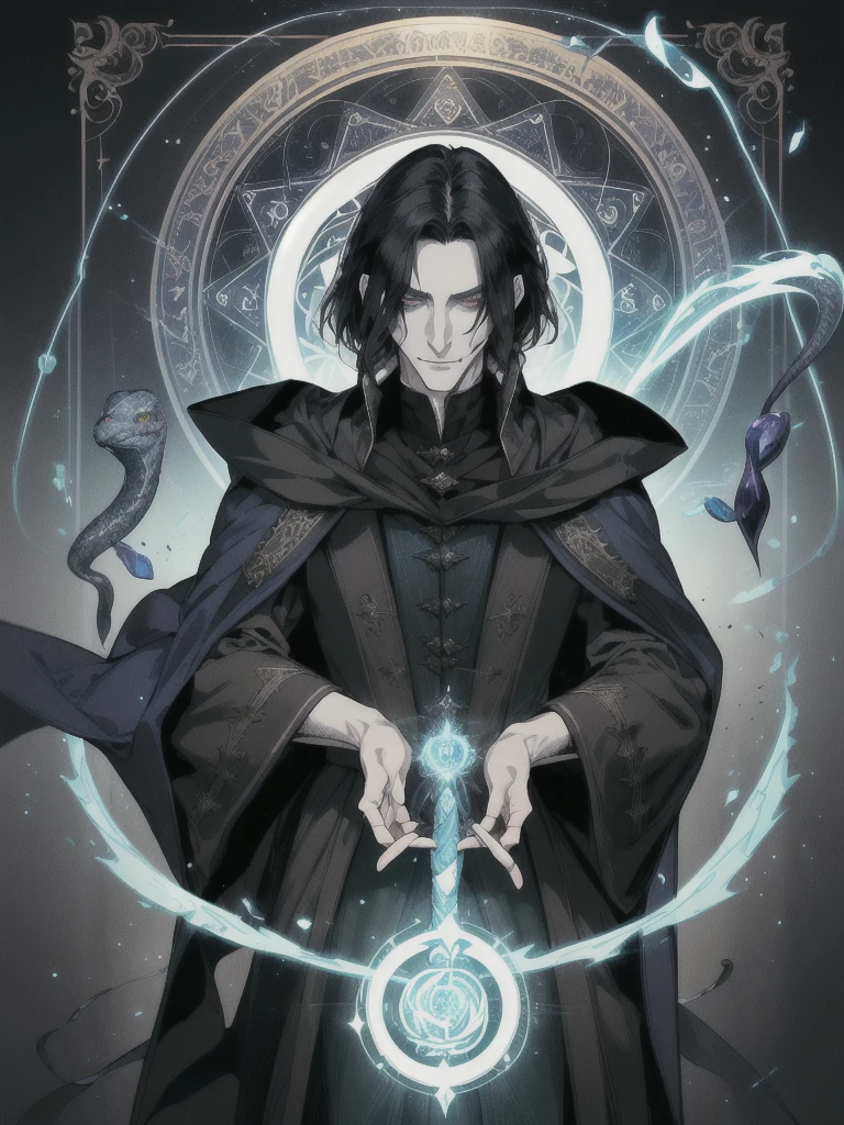 1 man, magic user, pale skin, shoulder length black hair, middle part hair, well dressed,male wizard, very handsome, hook nose, arrogant, smirking at viewer, interesting background, green magic flowing, blue magic circle, snakes, evil villian, dark fantasy, severus snape