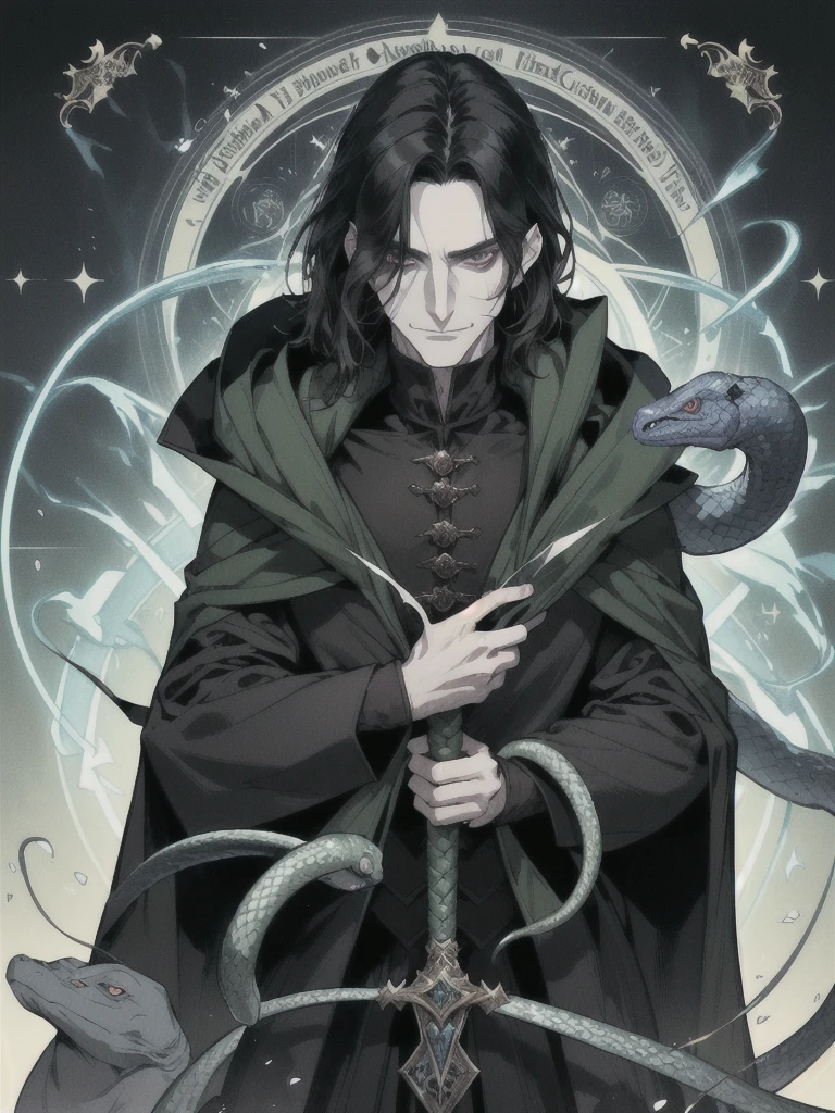 1 man, magic user, pale skin, shoulder length black hair, middle part hair, well dressed,male wizard, very handsome, hook nose, arrogant, smirking at viewer, interesting background, green magic flowing, blue magic circle, snakes, evil villian, dark fantasy, severus snape