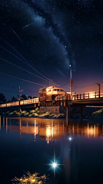 Masterpiece, anime train passing through bodies of water on tracks, bright starry sky. romantic train, Image by Makoto Shinkai, pixiv, conceptual art, Art Lofi style, reflection. by Makoto Shinkai, Art Lofi, Beautiful anime scene, animated landscape, detailed landscape —width 672, in Makoto Shinkai's Story, Makoto Shinkai's Story, improved details.