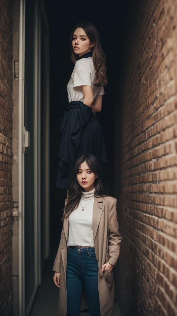 ((best quality)), ((masterpiece)), (detailed), 1Girl, solo, Complicated details, color difference, long white hair, Purple highlights, Neon shirt, Torn leg pants, Open jacket, Open-collared turtleneck sweater, Against the wall, brick walls, GRAPHITE, dim murky lights, alley, looking at viewert, ((Photo 8K)), hdr, Super realistic, hyper realistic detailed, (cinematic style), Vivid colors