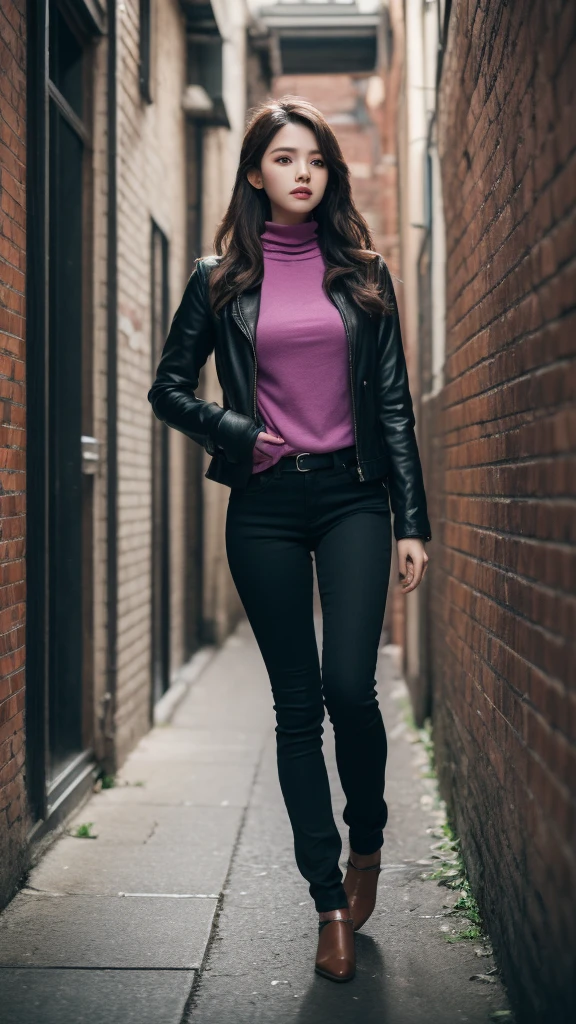 ((best quality)), ((masterpiece)), (detailed), 1Girl, solo, Complicated details, color difference, long white hair, Purple highlights, Neon shirt, Torn leg pants, Open jacket, Open-collared turtleneck sweater, Against the wall, brick walls, GRAPHITE, dim murky lights, alley, looking at viewert, ((Photo 8K)),  hdr, Super realistic, hyper realistic detailed, (cinematic style), Vivid colors