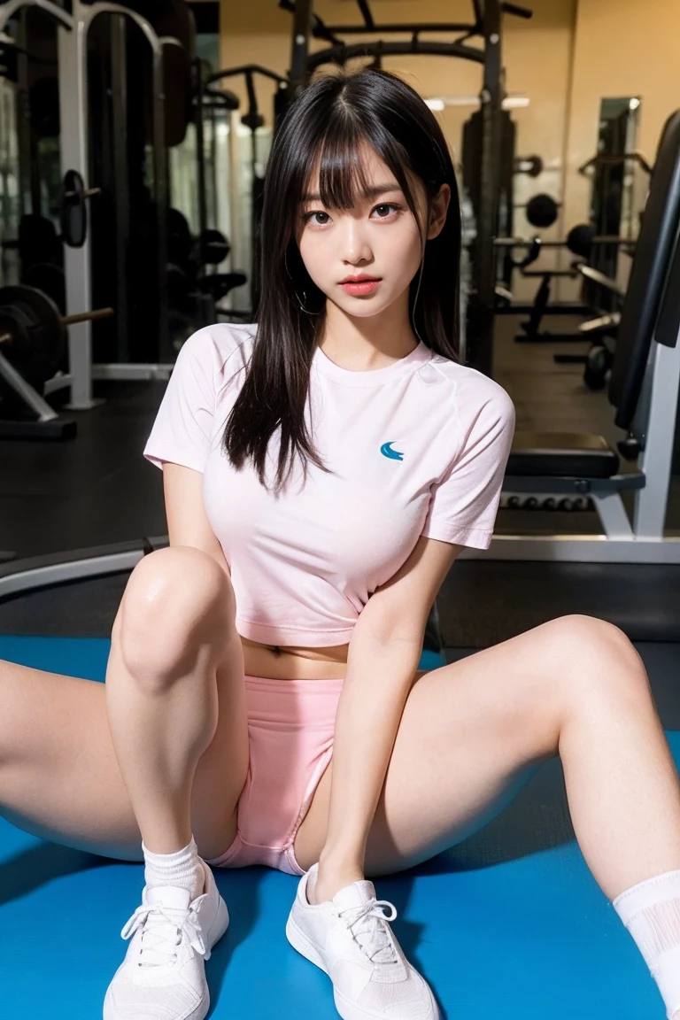 8k、high resolution、masterpiece、realistic、In detail、Fine texture、portrait from head to toe、high contrast、alone、high school girl、natural body shape、white skin、natural makeup、black hair、bangs、straight long hair、((School-specified gym clothes))((The upper body is a white gym uniform with a long hem.、short sleeve、There is a light pink line、))、((The lower body is light pink tight bloomers))、、(((Put the hem of your gym uniform into your bloomers)))、、big breasts、、((The upper body is wearing gym clothes))、(((secret room)))、(On the white gymnastics mat)、Looking at the camera facing the front、、full body photo、focus on crotch、thighs exposed、white socks、white shoes、sitting