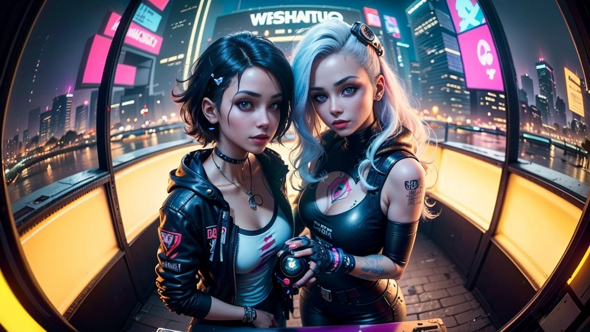 ((25 year old cyberpunk girls in a colorful Harajuku pop outfit)), ((((fisheye lens)))), Cowboy shot, the wind, Real Pile, big blue eyes, 8K, a perfect face, the perfect body, messy hair, Highly detailed eyes, Highly detailed face, ((Cyberpunk 2077 cityscape)), (Cyberpunk aesthetics and atmosphere:1.3), Bright colors, Smiling, ((Cinematic lighting))