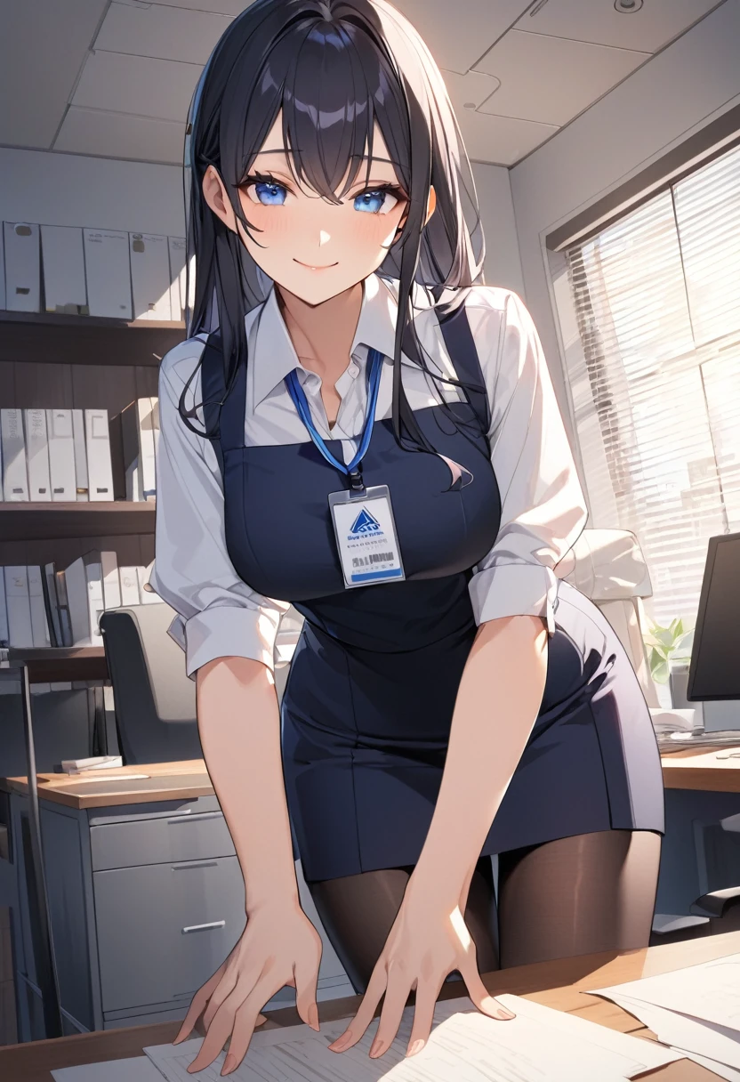(Highest qualityのイラスト:1.2), (Black Hairの美少女:1.1),Simple Background、White background、 (1 girl、17 years old、Highest qualityのイラスト:1.2), (1 girl、Kind eyes、blue eyes:1.2)、((Black Hair:1.2))、Semi-long hair、(Highest quality、Very detailed、cute、Ultra-high resolution) 、Larger breasts、office lady, {Navy blue business suit、white business shirt, Navy blue pencil skirt、 pantyhose}, office、Front facing、smile、ID card hanging around neck、slouch、