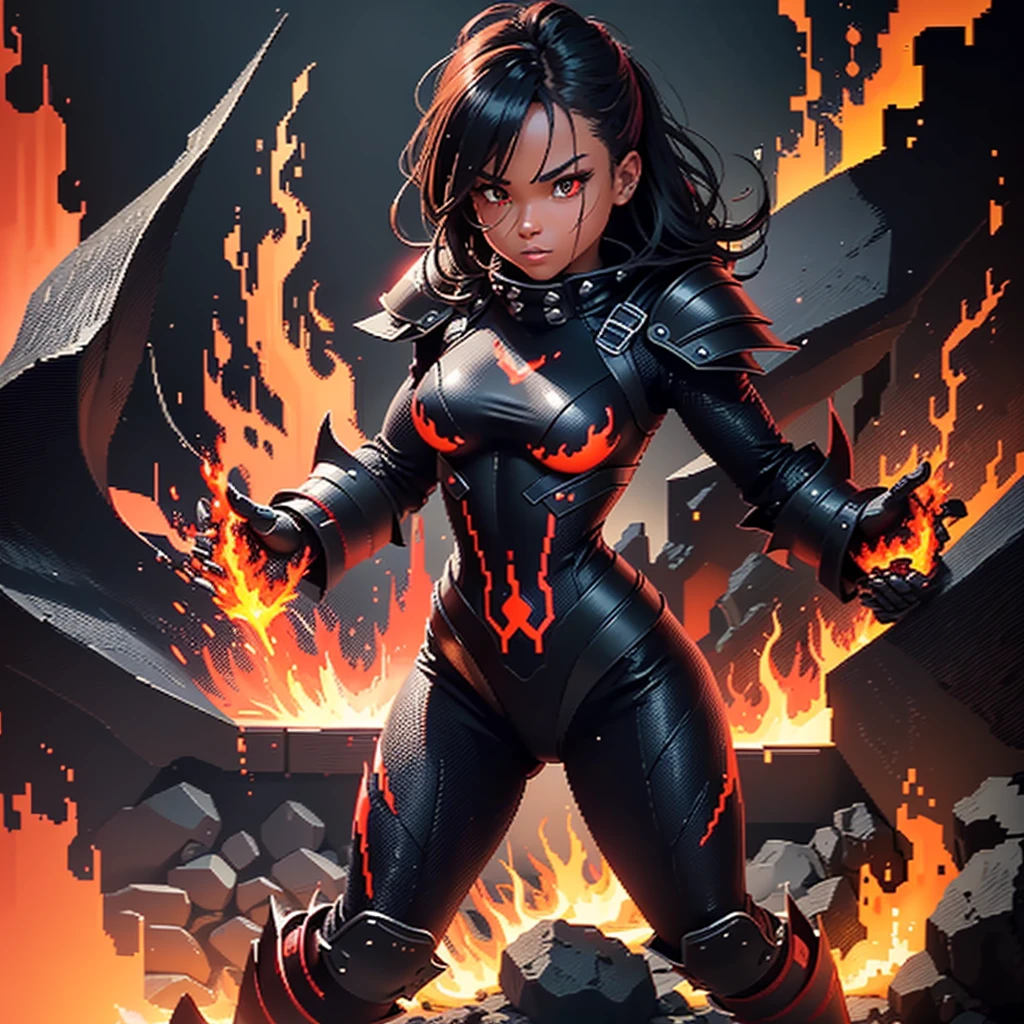 a close up of a pixel art of a fireman, a screenshot of Kanbun Master, trend in polycount, pixel art, black fire color reflected armor, deep pyro colors, pitch black skin, has fire powers, Lava Showcase Full Dress, fires in background, fire!! whole body, Body with black and red lava, fire theme, fire in background