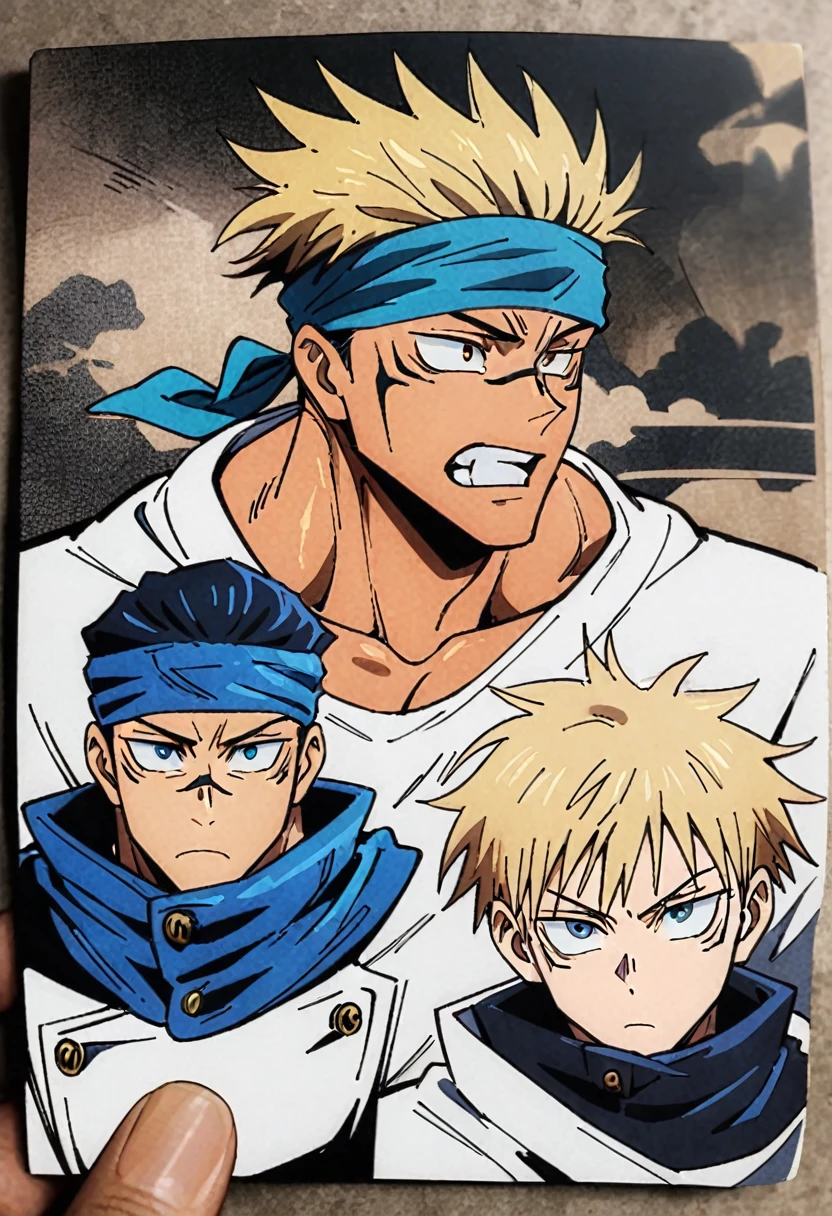 Japanese teen tan boy blonde shoulder length hair jujutsu kaisen art style. Gege akutami art style, blue bandana, , tan skin, 
