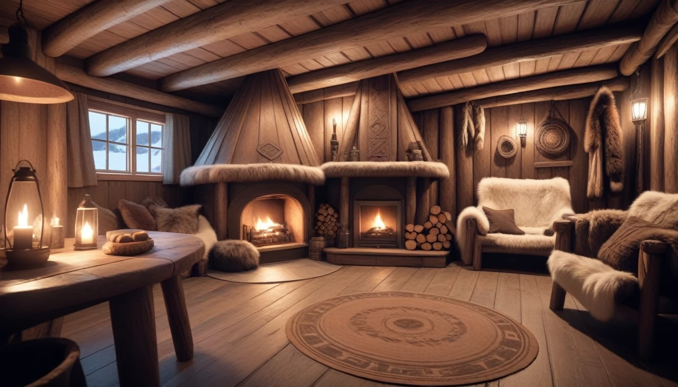 cozy interior viking house in Norway, with fireplace to the right, highly detailed, realistic, warm lighting, rustic wood, furs, cinematic, 4k resolution, interior architecture, Nordic design