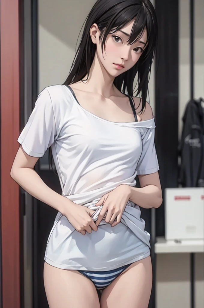 ((masterpiece, best quality)),((high resolution:1.3)), 1 Girl, solo, Cowboy Shot, Blurred Background, (((Small breasts))), Thighs, (Stripe underwear), ((lift Shirts:1.3)), Off shoulder, (long T-Shirts)