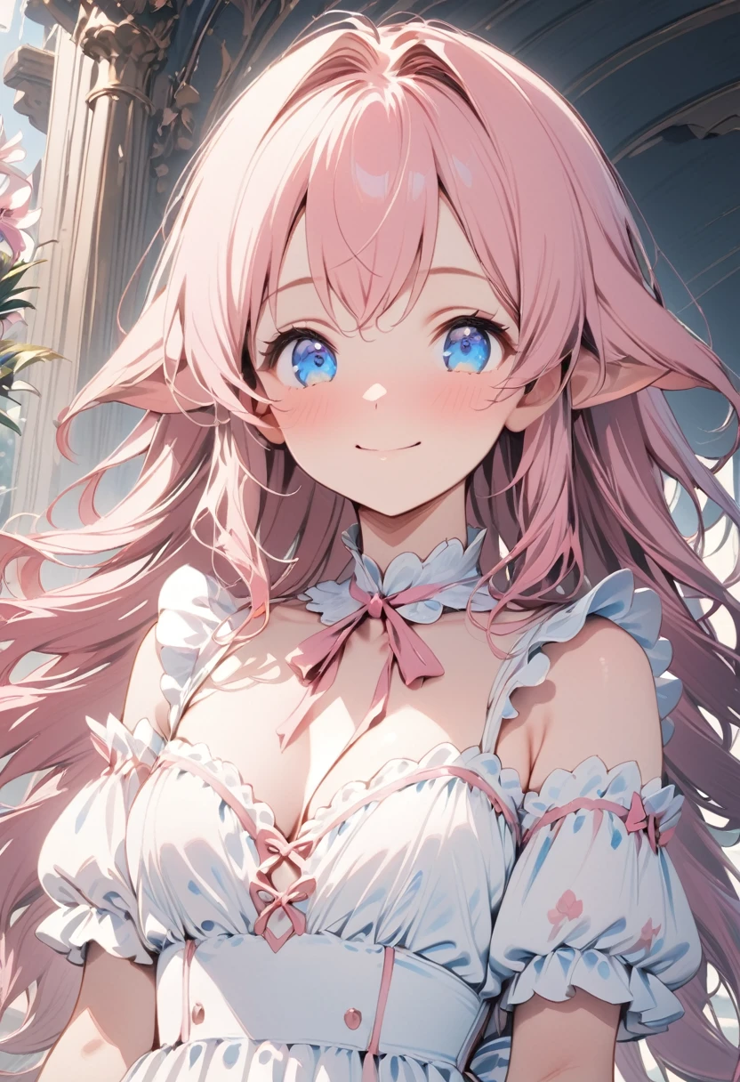 (masterpiece, Highest quality:1.2), One girl, alone,One girl, lillia, One Girl、Pink long hair、blue eyes、White dress with black lace、large pink ribbon on the chest、 Cinematic Views, Portraiture,, Cute Smile, Dynamic Angle, Pink Dress,
