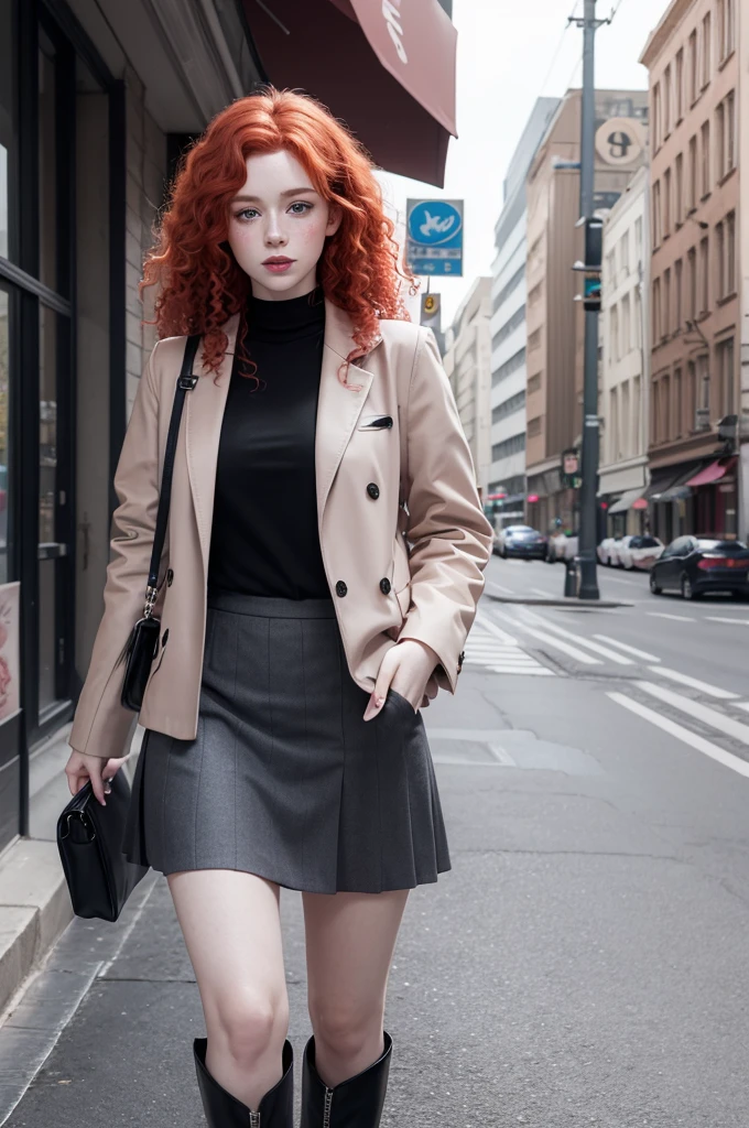 Create a realistic style with red curly hair, pale skin, with pink cheeks and freckles, gray blue eyes, a black flower on the head, all black clothes, black skirt and boots, with cigarette in hand. 