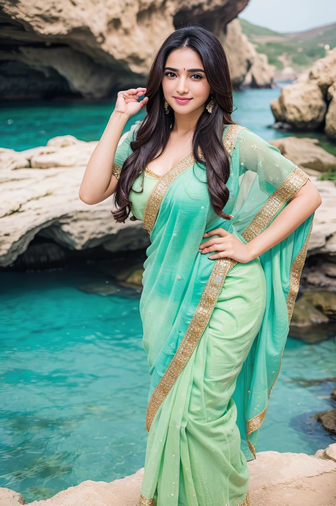 1 Heavenly beautiful and goddess beauty cute and sweet looking face Arabian woman in Benagil Sea Cave in Portugal, Heavenly beautiful Overweight, Heavenly beautiful Extremely fat, Heavenly beautiful and attractive Chubby figure , Heavenly beautiful looking and eye catching luxury style traditional Indian saree , reaching out, Heavenly beautiful Arabian woman, 16k, High resolution, masterpiece, highest quality, fine skin, outside view, Realistic Photograph, close up figure view, Heavenly beautiful smile face