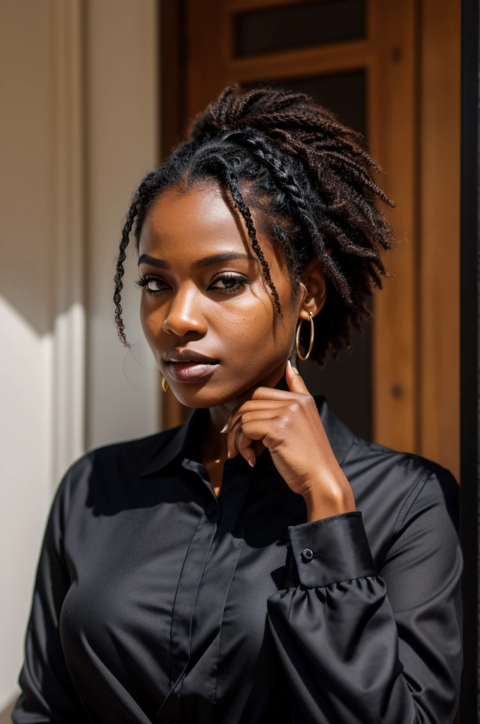 Black woman with a formal blouse and hand on her chin with a doubtful face