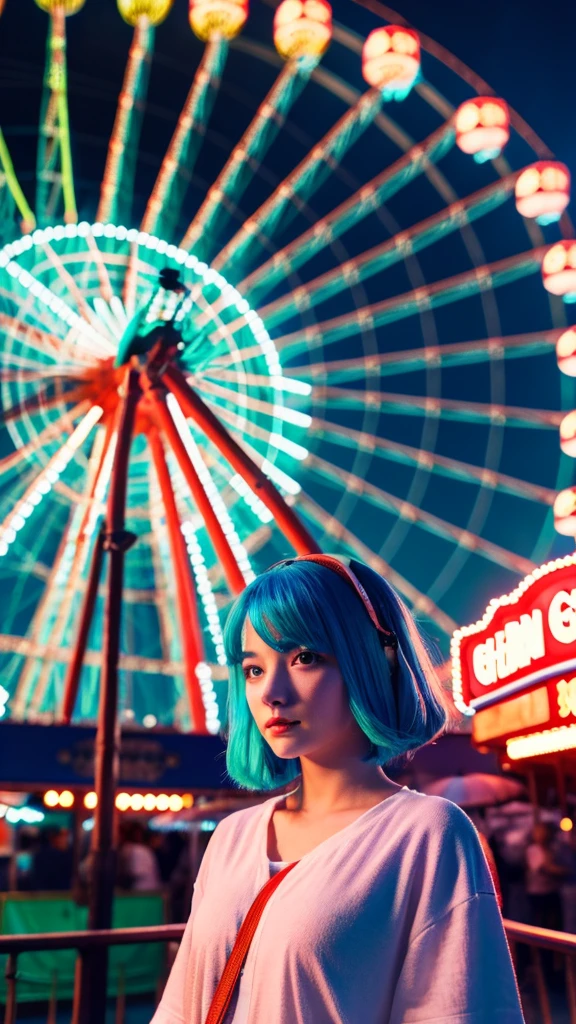 1 girl with red light blue hair, standing at the amusement park in front of the giant wheel or ferris wheel, and see the fireworks on the sky beautiful green and blue fireworks, night view, 8K UHD, Nvidia RTX 4090 rendering, ray tracing, DLSS 3.