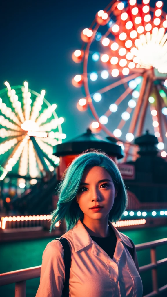 1 girl with red light blue hair, standing at the amusement park in front of the giant wheel or ferris wheel, and see the fireworks on the sky beautiful green and blue fireworks, night view, 8K UHD, Nvidia RTX 4090 rendering, ray tracing, DLSS 3.