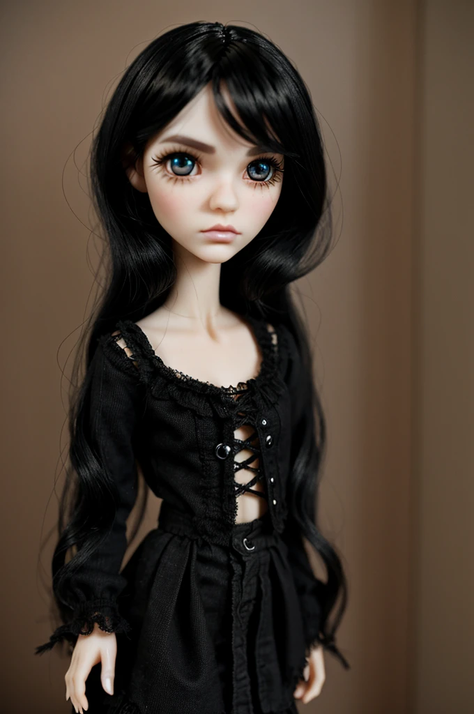 Blythe dolls doll, black hair butterfly cut in layers, with rings, dark eyes, with long eyelashes, very thin eyebrows, with grunge clothing style