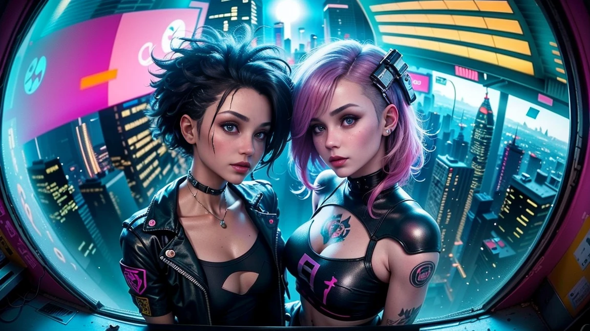 ((25 year old cyberpunk girls in a colorful Harajuku pop outfit)), ((((fisheye lens)))), Cowboy shot, the wind, Real Pile, big blue eyes, 8K, a perfect face, the perfect body, messy  hair, Highly detailed eyes, Highly detailed face, ((Cyberpunk 2077 cityscape)), (Cyberpunk aesthetics and atmosphere:1.3), Bright colors, Smiling, ((Cinematic lighting))