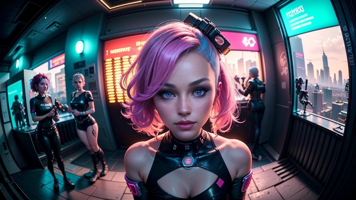 ((25 year old cyberpunk girls in a colorful Harajuku pop outfit)), ((((fisheye lens)))), Cowboy shot, the wind, Real Pile, big blue eyes, 8K, a perfect face, the perfect body, messy hair, Highly detailed eyes, Highly detailed face, ((Cyberpunk 2077 cityscape)), (Cyberpunk aesthetics and atmosphere:1.3), Bright colors, Smiling, ((Cinematic lighting))