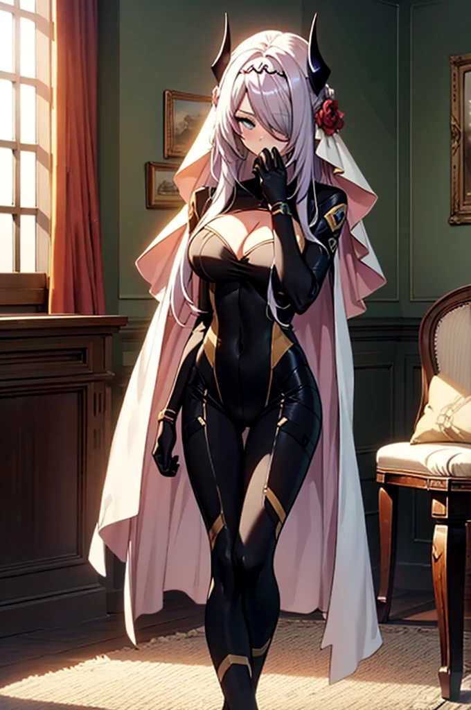 (full body),masterpiece,Highest quality, Cowboy Shot,Kung Fu Pose,Beautiful and exquisite body,Horn, tiara, Veil,(A body-hugging enamel bodysuit,Rubber Suit, Black bodysuit, Scapula, Long sleeve, Cleavage cutout, Black gloves, Black overskirt, Black trousers),Show me your boots,leotard,elegant, 1 Girl, cute, Blushed, Beautiful Eyes, Beautiful background, Particles of light, Light of the sun, Dramatic lighting, outside, Shiny, Realistic, Highest quality, Very detailed, Get used to it, scenery, Beautiful and exquisite, Thin Hair,Full Body Shot,Browsing Caution,Lie down on the bed,Spread your legs,Sitting with legs crossed,(Lean back),(Hide your face with one arm),Masturbation,Masturbation,room,