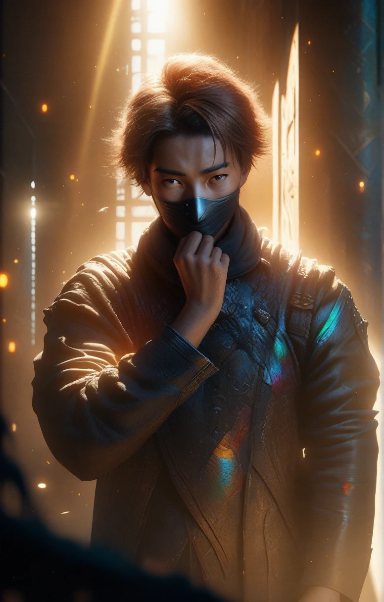 A beautiful anime style boy with brown hair, wearing a black mask covering his mouth, standing in a sunlit environment, detailed facial features, highly detailed character, cinematic lighting, glowing sunlight, vibrant colors, photorealistic, digital art, masterpiece