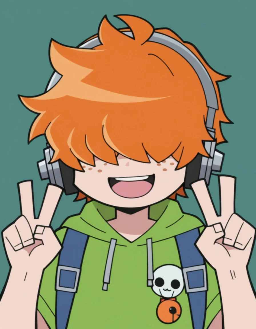 anime artwork, score_9, source_anime, rating_safe BREAK 1boy, solo, male focus,
briefus-rock, freckles, orange hair,  headphones, bag, hair over eyes, chibi, backpack,
looking at viewer, upper body, portrait, close-up face, facing viewer, smile, open mouth, double v, highly detailed,  p&s style, 