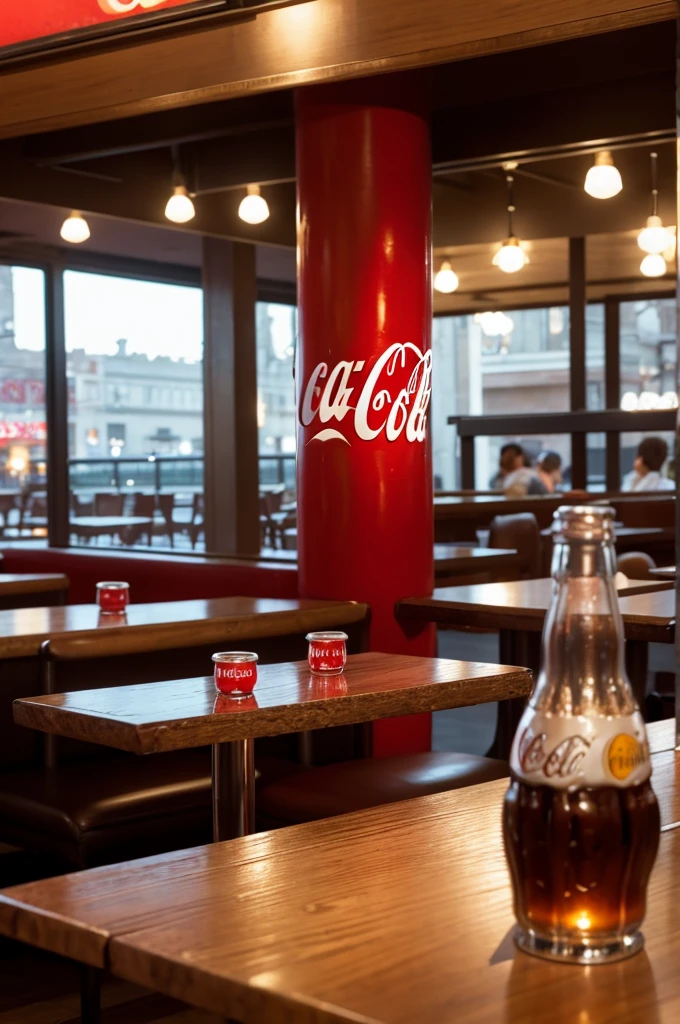Table in a restaurant with a full glass of Coca-Cola and a glass bottle of Coca-Cola