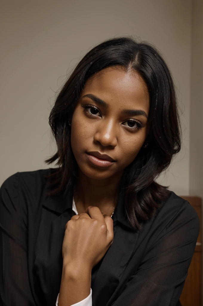 Black woman with a formal blouse and hand on her chin with a doubtful face