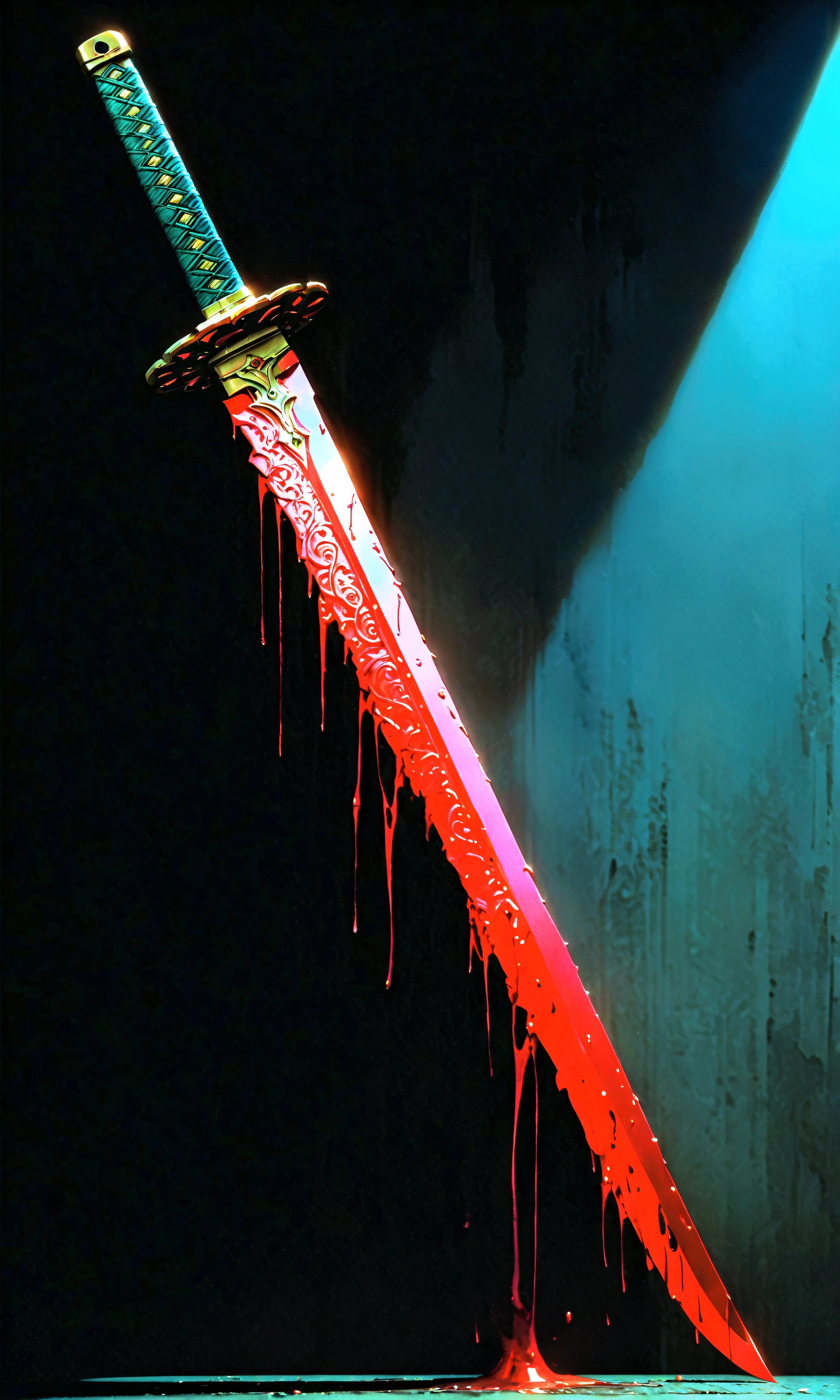 a blood-soaked katana, highly detailed and realistic, intricate blade patterns, glowing red hilt, dripping in fresh blood, dramatic lighting, dark and moody atmosphere, cinematic composition, ultra-detailed, 8K, photorealistic, dramatic shadows, intense colors, masterpiece