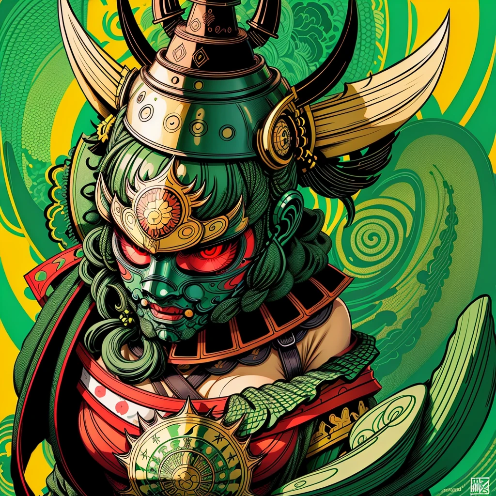 Warrior Woman Mask Style、illustrator、masterpiece、high quality、8 k、A high resolution、high detail、Japanese, green female samurai, green color combinations