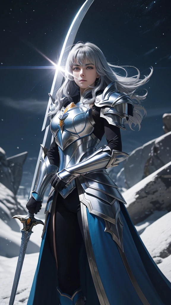 Reloaded Saint Seiya，Meteors、The entire body is covered in super thick silver armor.，A giant sword with both hands on the ground，The blue spinning sword energy overflowed.，，Blood，Depth of written boundary，Dynamic Blur，highlight，Real Light，Ray Tracing，OC Rendering，Surreal，Highest quality，8K，Masterpieces，Ultra-fine，More about pubic hair，Correct Anatomy，Sharp focus on the eyes，Bokeh，The facial features are carefully drawn