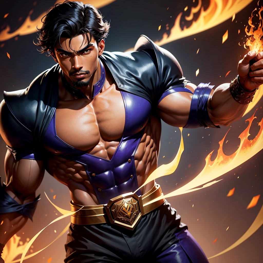 A gentleman ((Delgado)), with dark armor, of fire, Like a god ((muscular))