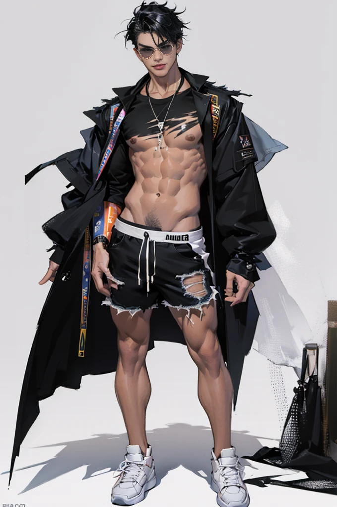 ((best quality,4K,High resolution,masterpiece:1.2)),((Character Concept Art)), 1 Male, age male, Japanese rich kids, ((black hair, Fashionable messy, topless,shorts)), black hair, (Fair skin), super fine eyes (black eye color), Hidden behind blue sunglasses, Handsome, High target, Lean muscular body, ((intricate details)), Hand details are super fine, super fine fingers(((ten fingers))), Wearing street style clothing, Ripped jeans, oversized minimal t-shirt, high-top sneakers, (Stand confidently), Disciple, charming, outgoing, spoiled, (Full body display), (Show your whole body), (No logos on background), (No logo), ((Solid color background)), ((Solid color background)), (((Empty background)))