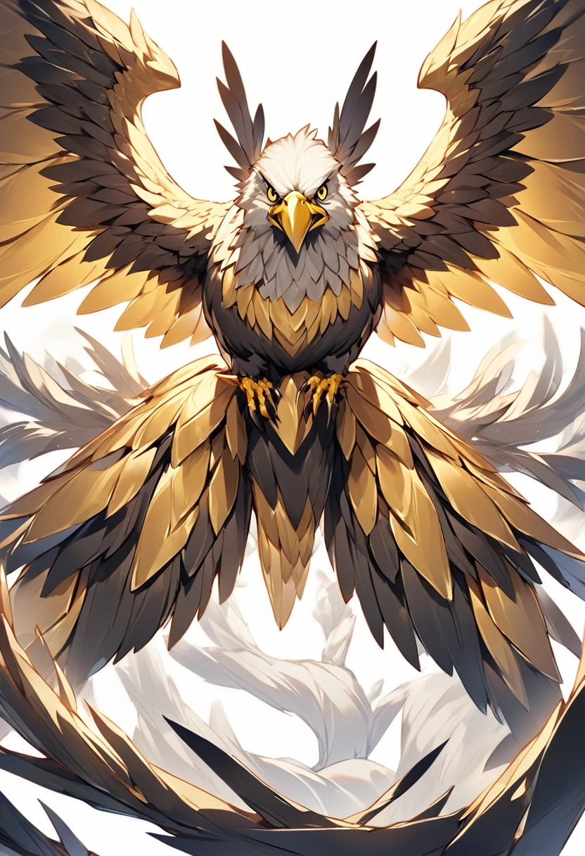 Create an image of a stylized yellow eagle on a completely white background. The eagle must be in an attack position, with its wings wide open, claws extended forward and beak open as if it were letting out a fierce scream. Position the eagle so that it appears slightly distant from the viewer, giving a sense of depth and scale. Make sure the entire eagle fits into the frame, showing its dynamic and powerful body