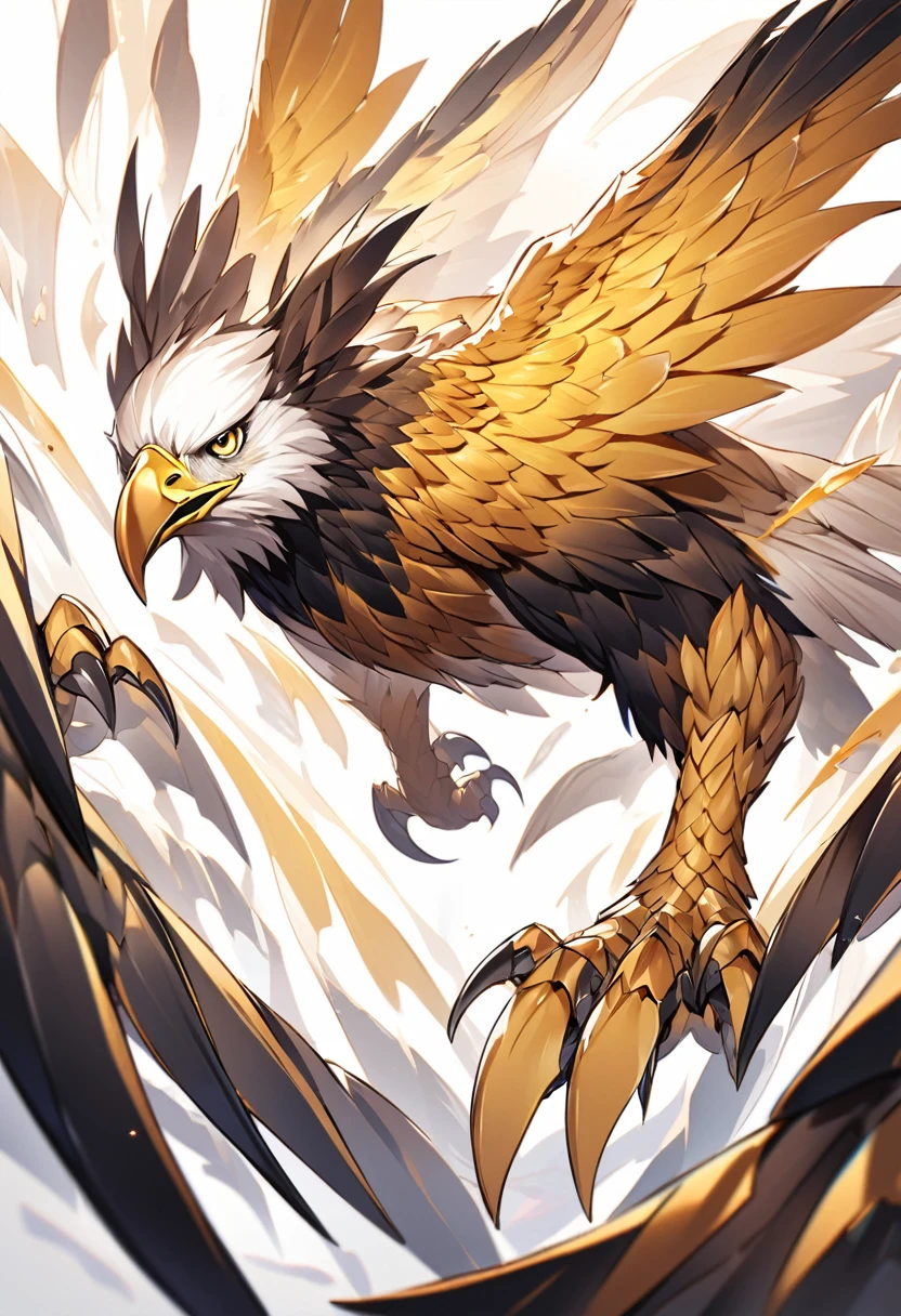 Create an image of a stylized yellow eagle on a completely white background. The eagle must be in an attack position, with its wings wide open, claws extended forward and beak open as if it were letting out a fierce scream. Position the eagle so that it appears slightly distant from the viewer, giving a sense of depth and scale. Make sure the entire eagle fits into the frame, showing its dynamic and powerful body