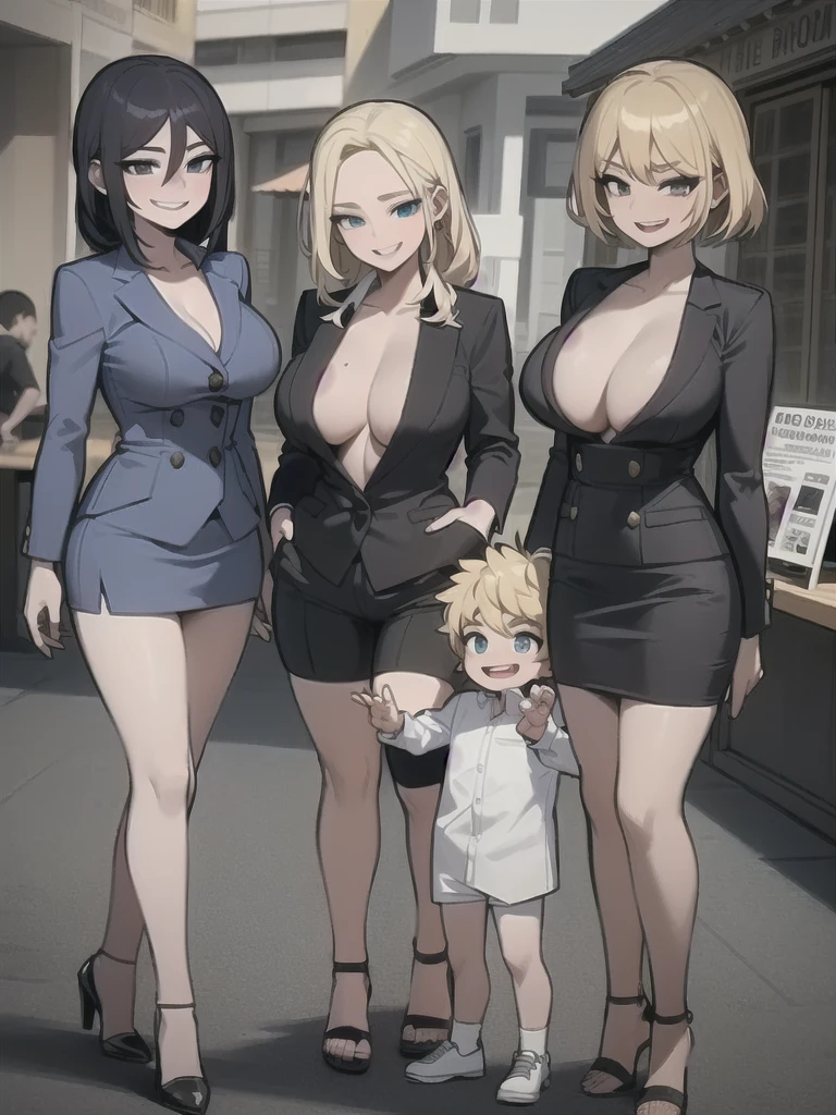 three sexy women walking and looking down at 4 years old boy with blonde hair, looking at camera, seductive smiles, various hairstyles for women, boy is laughing, women have opened mouths moaning