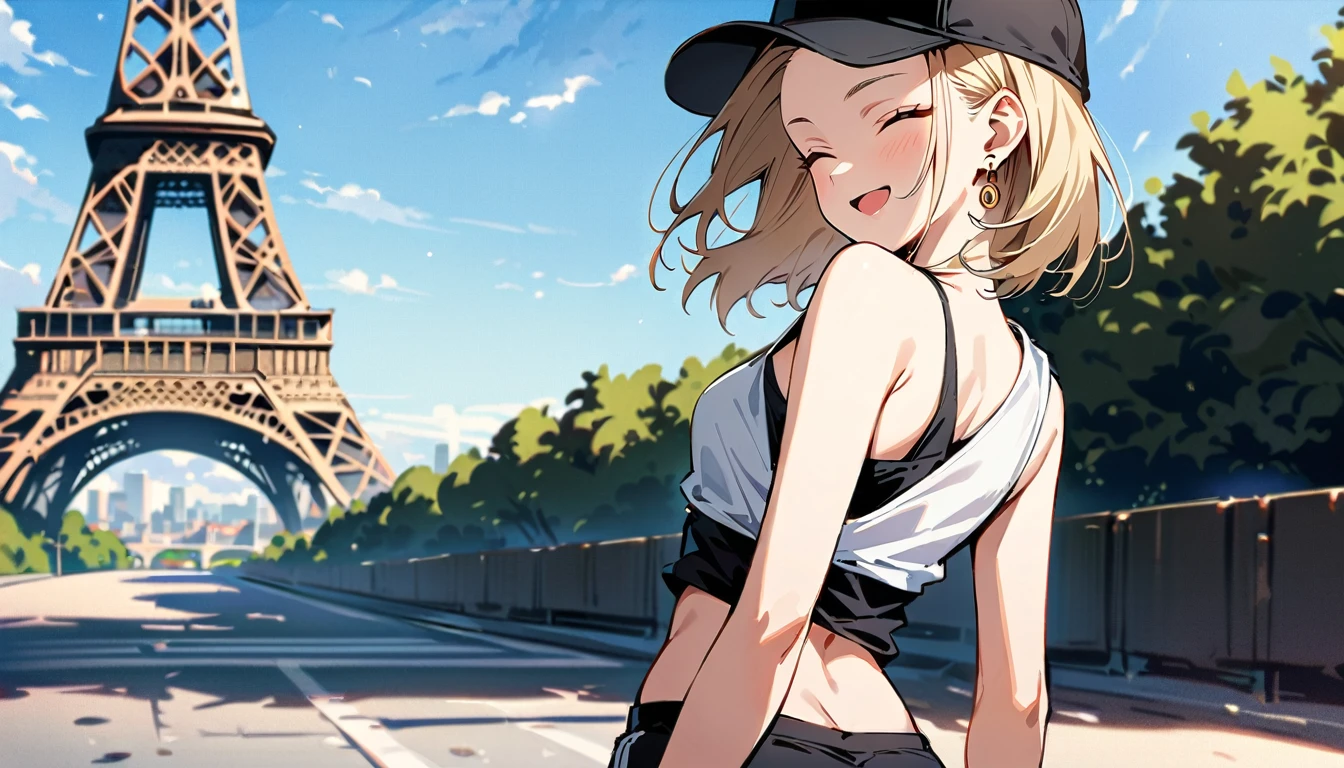 (masterpiece, best quality:1.2), solo, Android 18 from Dragon Ball, ((slip-on one-shoulder crop top)), (light gray top:1.2), no jacket, (short sport shorts), small breasts, short blonde hair loose, ((close eyes)), earrings on earlobes, slender feminine figure, narrow waistline, skinny body, (plane black cap), (cap without logo), sky, head tilt, looking at viewer, light blush, shot from behind, looking back, back view, arms behind back, walking, the Eiffel Tower, outside, natural lighting and shadows, magnificent view, blur background, 4K, open mouth, smile, portrait,