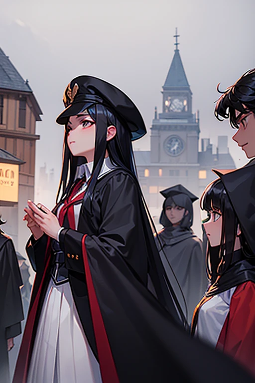 A woman with long black hair wearing a stand-up collared , cap, and cloak leads a group of students in stand-up collared school uniforms, caps, and cloaks in an old student town in the early morning before dawn and fog remains.