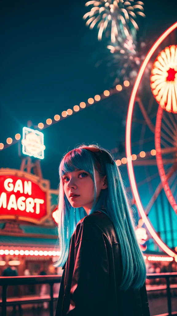 ((best quality)), ((masterpiece)), (detailed), 1 girl with red light blue hair, standing at the amusement park in front of the giant wheel or ferris wheel, and see the fireworks on the sky beautiful green and blue fireworks, night view, 8K UHD, Nvidia RTX 4090 rendering, ray tracing, DLSS 3.