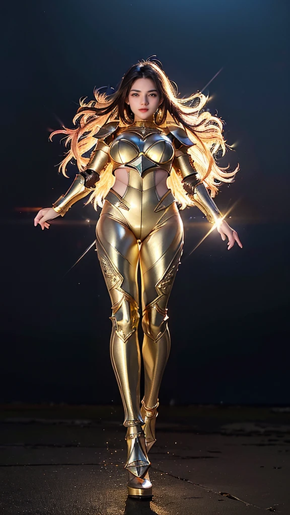 ((best quality)), ((masterpiece)), (ultra detailed lights), ((full body:1.3)), ((skinny body)), 1girl, extremely beautiful, ((slim body)), thighs gap, ultra face details, 20 years old, ((pink curvy-hair)), ((hair blown by strong winds :1.3)), Award-winning photograph, ((symmetrical pose)), ((full body golden black armor)), posing in the middle, intricate details, ((thight golden armour)), ((extremely details armor)), ((tight latex pants)), ((24k-gold armor)), ((edge luminous armor)), cameltoe, luminescent, epic lights reflections, at beach, full of stars, orange clouds, nebula sky, epic aurora borealis in the background, shooting stars, ((from below))