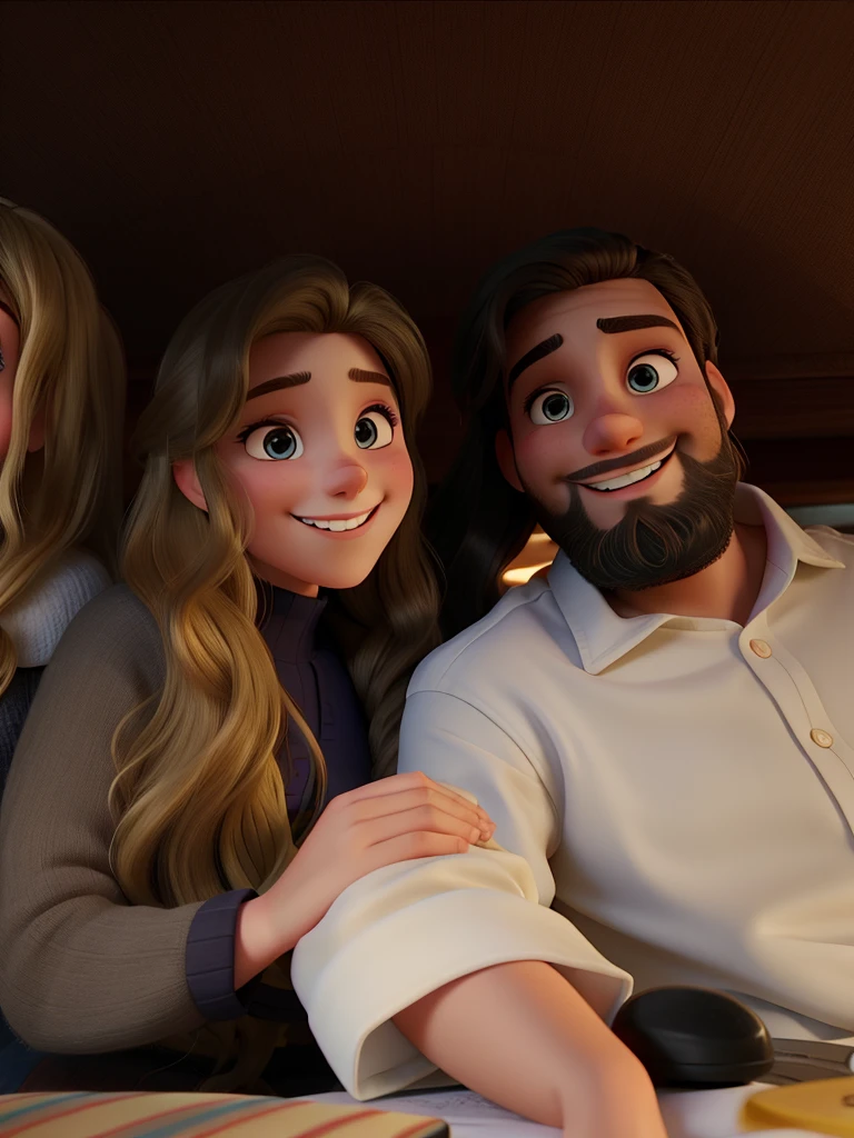 a Disney-style film cover. a young couple smiling at the photo, Long haired blonde girl, dark-haired boy with a beard