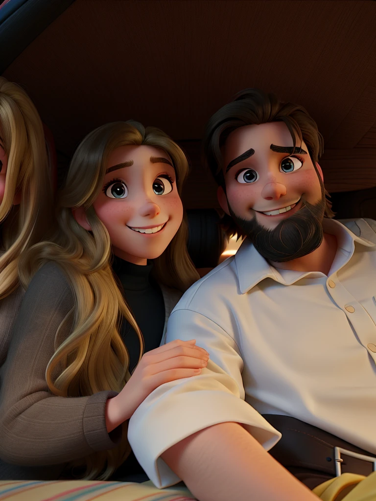 a Disney-style film cover. a young couple smiling at the photo, Long haired blonde girl, dark-haired boy with a beard