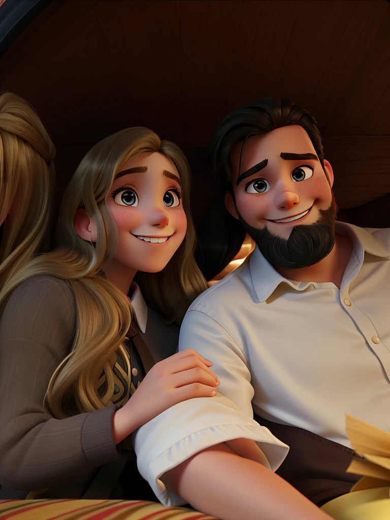 a Disney-style film cover. a young couple smiling at the photo, Long haired blonde girl, dark-haired boy with a beard