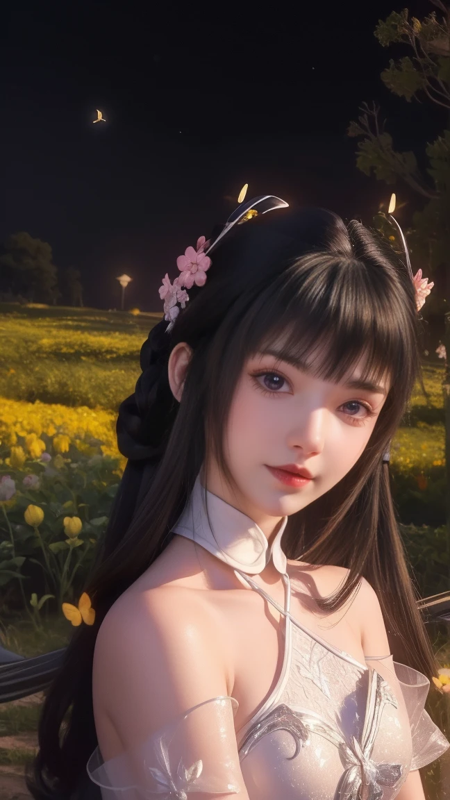 1girl, girl with long black hair, smiling, cheerful, girl is sitting among a wide expanse of flowers, surrounded by beautiful flowers, Calm and peaceful atmosphere, night, moonlight , Beautiful glowing butterflies surround the girl lighting up the darkness of the night, magic,Romantic, the night breeze blows the Sepoi Sepoi girl's hair, 