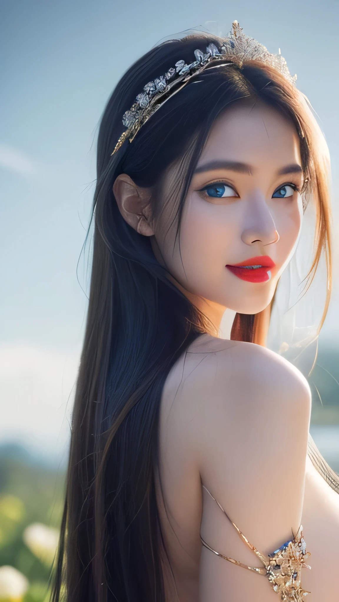 ((best quality: 1.4)), ((masterpiece: 1.4)), (detailed), perfect face, Ultra realism, 1 ((Apsara)), (((age 23))), ((very hot)), (((big boobs: 1.4))), posing in ((heaven)), (((sweet smile:1.2))),
((grey abstract background)),
((pure white goddess dress: 1.3)),
white clouds,
(((a little crown made of flowers))) on head,
(extremely detailed), ((jawline)),
((cinematic shot)), (((cinematic lighting))), (((white hair))), ((closeup shot)), ((red lips))
((female anatomy)), (((Blue eyes:1.4))),
((long hair:1.2))
((straight hair:1.4))
(((young apsara)),
detailed eyes,
((photo realistic)),
depth of field,
fair skin:1.2,