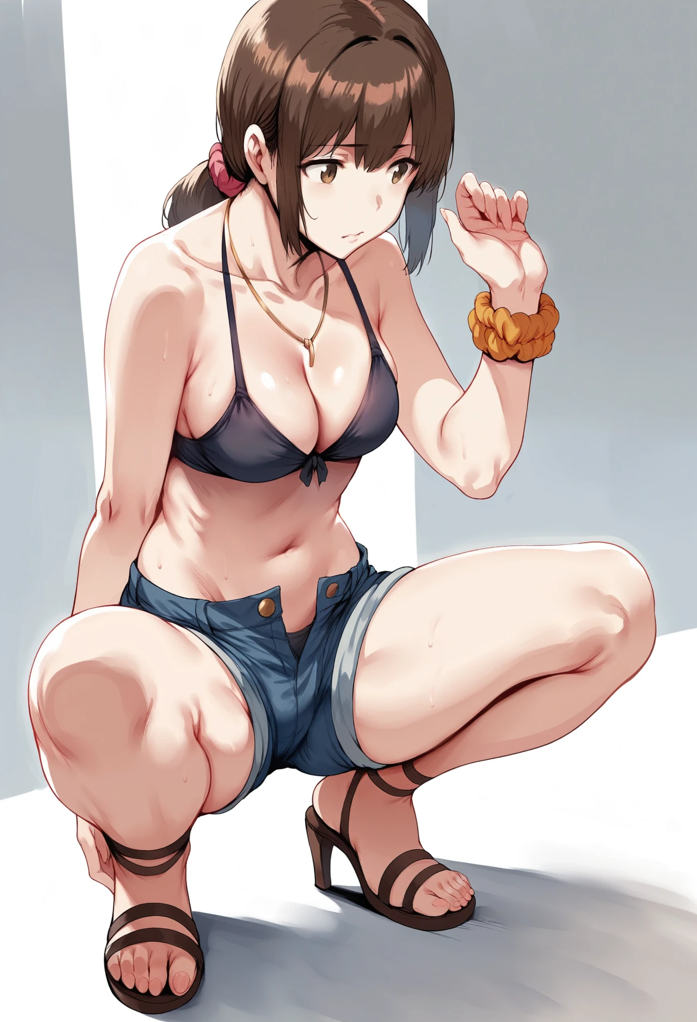 Hews style, 1girl, shorts, solo, denim, breasts, denim_shorts, brown_hair, sandals, navel, long_hair, squatting, short_shorts, cleavage, toes, white_background, swimsuit, jewelry, bikini, bangs, simple_background, feet, legs, medium_breasts, bra, necklace, scrunchie, high_heels, toenails, collarbone, brown_eyes, wrist_scrunchie, black_bra, looking_away
