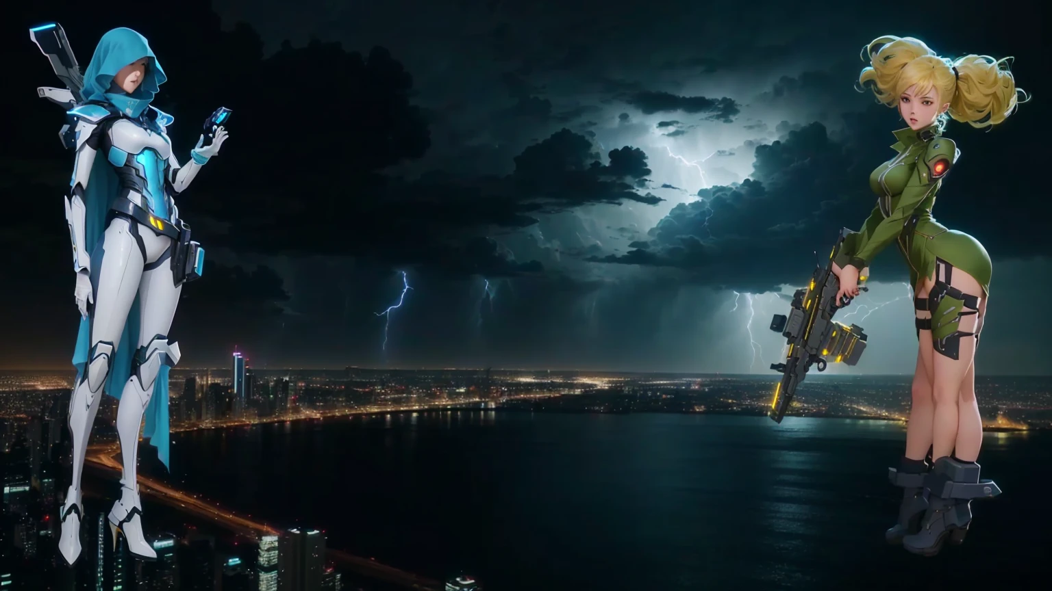 anime characters standing on a ledge overlooking a city at night, epic cinematic shot, epic vfx shot, vfx powers at night in the city, dramatic cinematic shot, dramatic sci-fi movie still, vfx shot, an epic scifi movie still, cinematic shot, cinematic image, cinematic lightning, cinematic medium shot, spectacular cinematic scene, cinematic epic shot, cinematic lightening