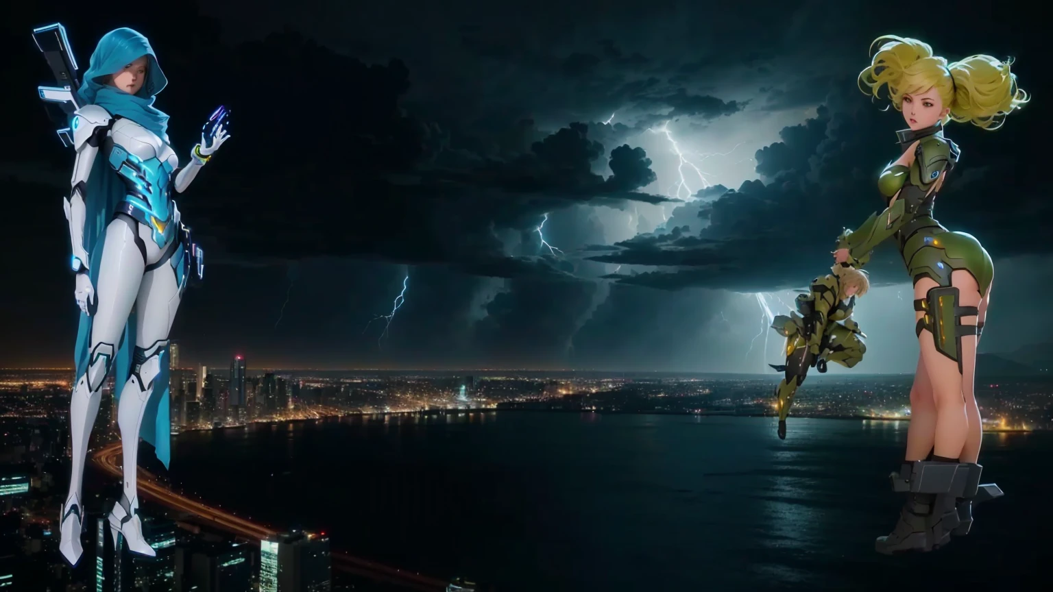 anime characters standing on a ledge overlooking a city at night, epic cinematic shot, epic vfx shot, vfx powers at night in the city, dramatic cinematic shot, dramatic sci-fi movie still, vfx shot, an epic scifi movie still, cinematic shot, cinematic image, cinematic lightning, cinematic medium shot, spectacular cinematic scene, cinematic epic shot, cinematic lightening