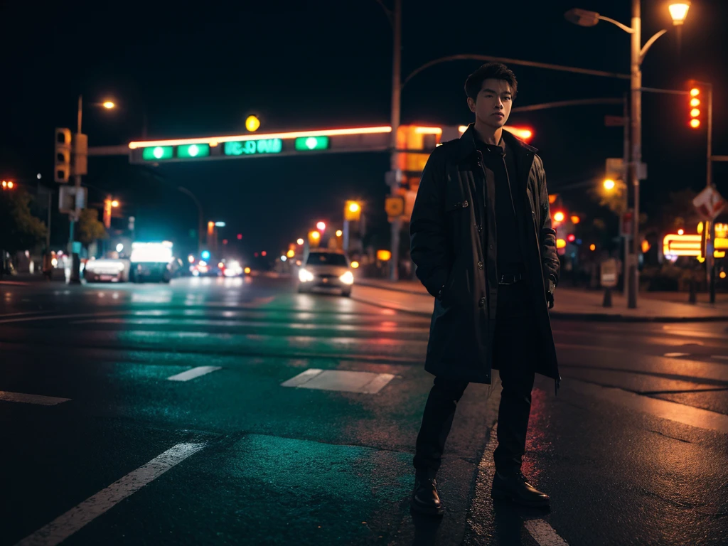 1 men, full body, flanel, night, traffic signlights, ultra detail, ultra resolution