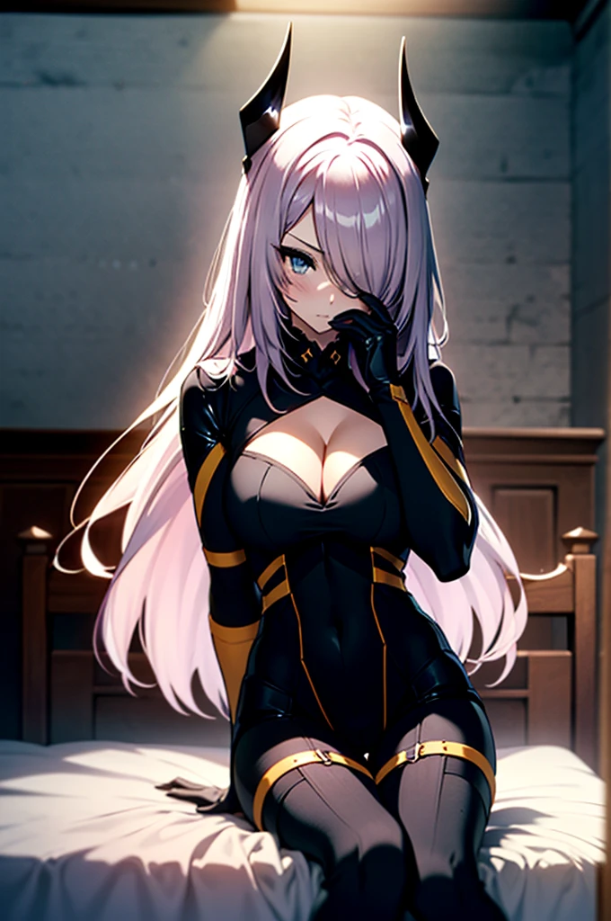 (full body),masterpiece,Highest quality, Cowboy Shot,Kung Fu Pose,Beautiful and exquisite body,Horn, tiara, Veil,(A body-hugging enamel bodysuit,Rubber Suit, Black bodysuit, Scapula, Long sleeve, Cleavage cutout, Black gloves, Black overskirt, Black trousers),Show me your boots,leotard,elegant, 1 Girl, cute, Blushed, Beautiful Eyes, Beautiful background, Particles of light, Light of the sun, Dramatic lighting, outside, Shiny, Realistic, Highest quality, Very detailed, Get used to it, scenery, Beautiful and exquisite, Thin Hair,Full Body Shot,Browsing Caution,Lie down on the bed,Spread your legs,Sitting with legs crossed,(Lean back),(Hide your face with one arm),Masturbation,Masturbation,room,
